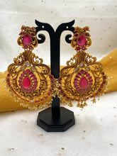 Designer Antique Golden Ruby Stone Studded Long Traditional Earrings For Ladies Dangler Earrings